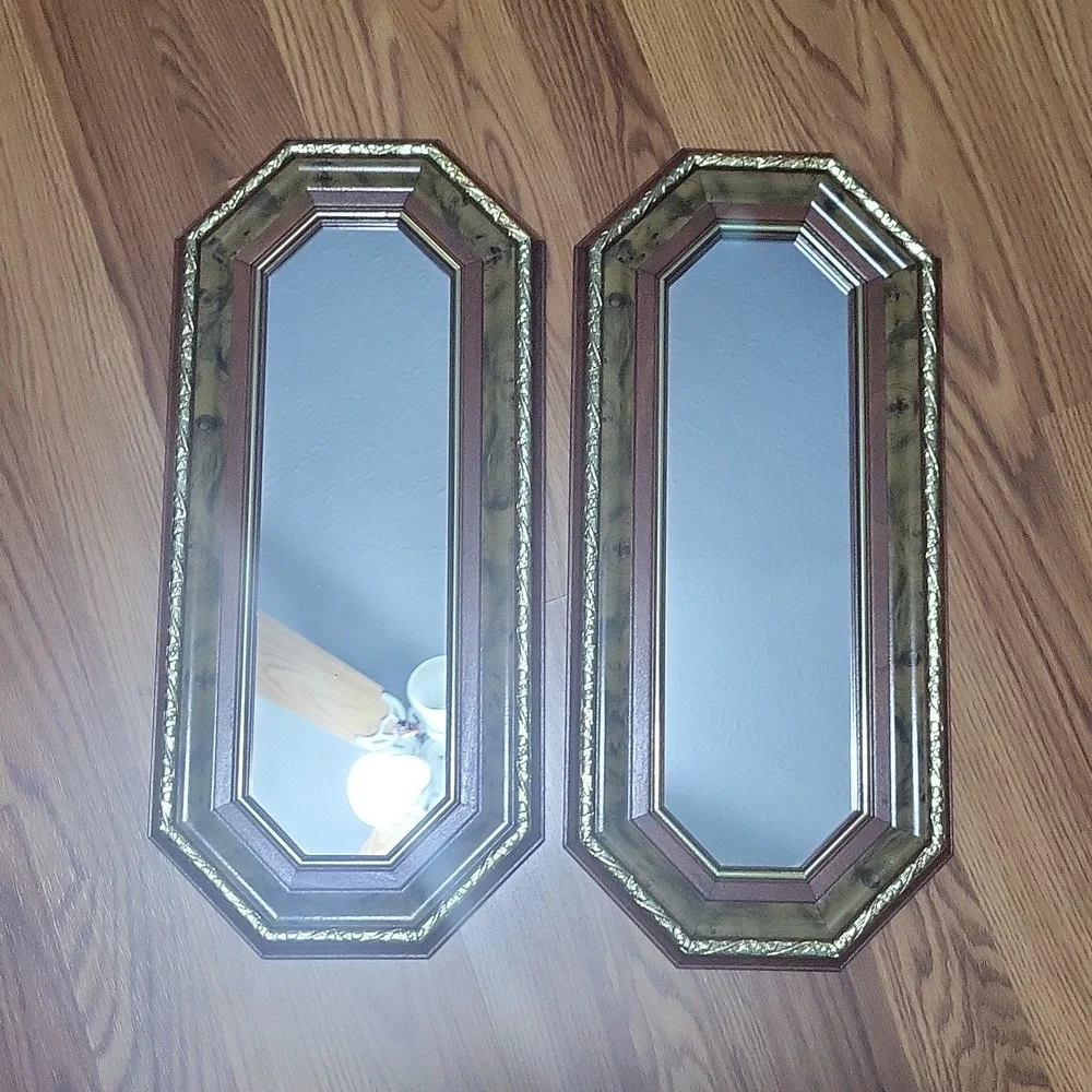 2 Vintage Home Interiors long Octagonal wall hanging mirrors decor wood USA